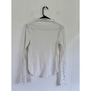 Free People White Ribbed Mock Neck Top with Crochet Lace Sleeves Size S